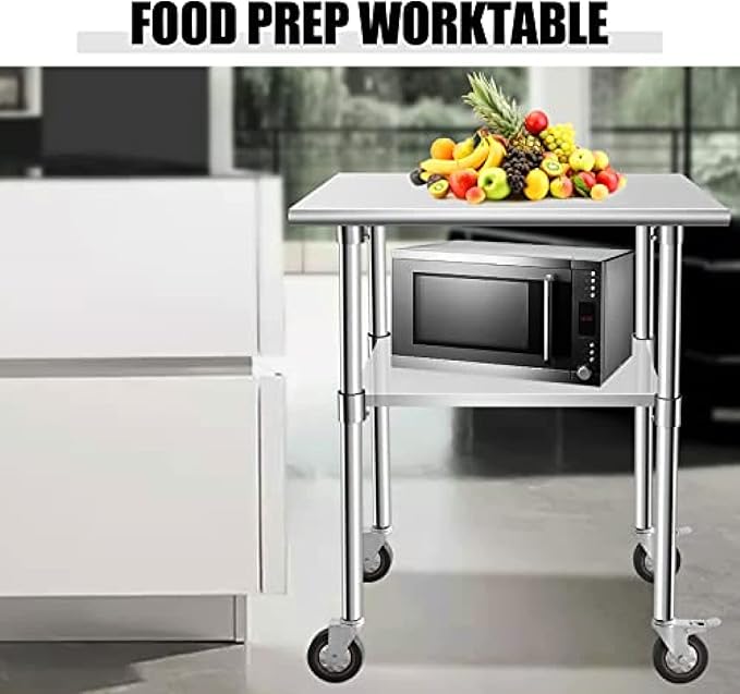 Stainless Steel Table - Metal Table Cart - Commercial Workbench with Caster Wheel - NSF Certified - for Restaurant, Warehouse, Home, Kitchen, Garage,36''x30''