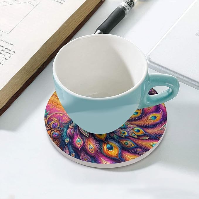 Round-6PCS Peacock Drink Coasters, Round Modern Ceramic Absorbent Coasters, Boho Art Beautiful Colorful Floral Peacock Pattren Decor Desk Coffee Table Coaster for Beverage Cup Tea Coasters