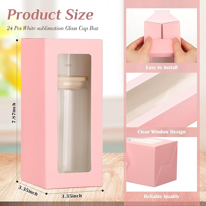 Honoson 24 Pcs Tumbler Gift Box with Ribbon for Sublimation Glass Exhibition Boxes Transparent for 12oz 16oz 20oz Drinking Cup Glasses Jars Mug Can Blanks(Pink)