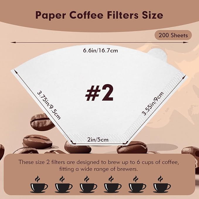 Coffee Filters #2 Cone Paper, 200 Count White Disposable Natural Coffee Filter Paper for Pour Over and Drip Coffee Makers, #2 Cone Filter U-Shaped (2-6 Cup)