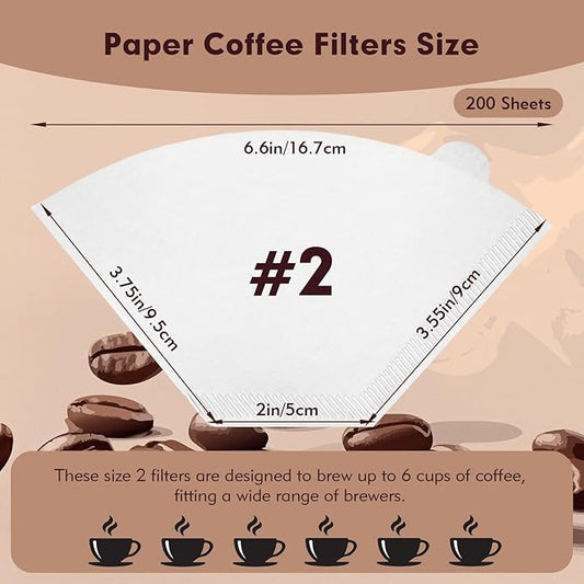 Coffee Filters #2 Cone Paper, 200 Count White Disposable Natural Coffee Filter Paper for Pour Over and Drip Coffee Makers, #2 Cone Filter U-Shaped (2-6 Cup)