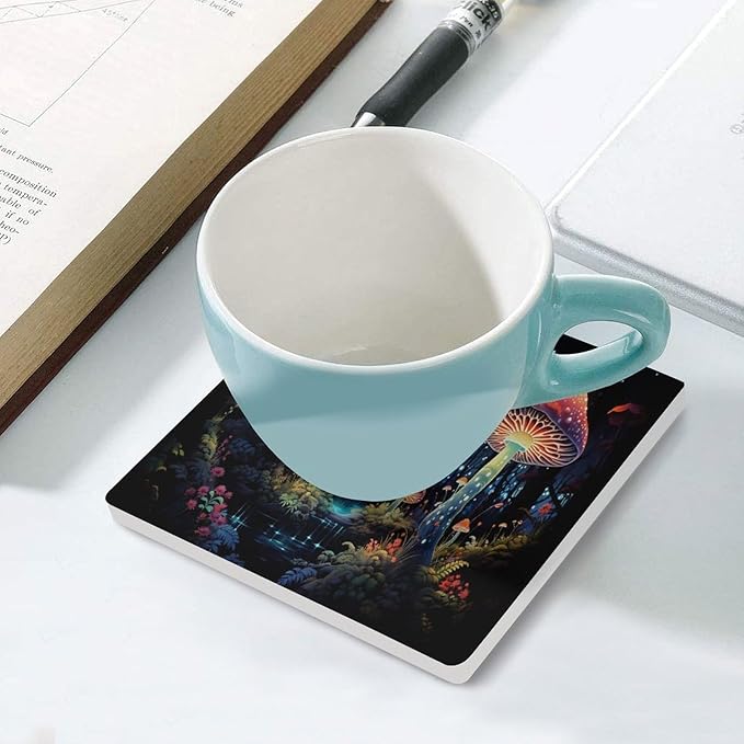Square-4PCS Botanical Ceramic Coasters, Square Absorbent Drink Coasters, Fantasy Colorful Cartoon Style Abstract Mushroom Print Ceramic Table Coasters for Coffee, Beverage, Wine, Beer Coasters