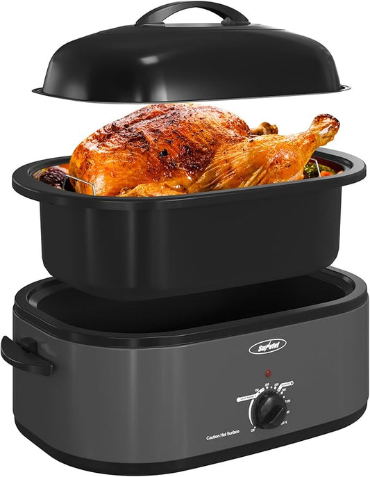 Sunvivi Electric Roaster,20 Quart Roasting Oven with Self-Basting Lid Removable Pan,Turkey Roaster Oven with 150 to 450F Temperature Control Cool-Touch Handles,Grey