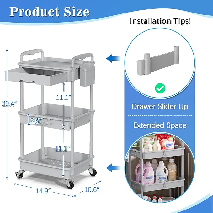 3 Tier Rolling Cart with Drawer, Bathroom Storage Organizer with 2 Lockable Wheels, Multifunctional Rolling Storage Cart for Bathroom, Kitchen, Office, Craft, Makeup, Baby Essentials, Gray