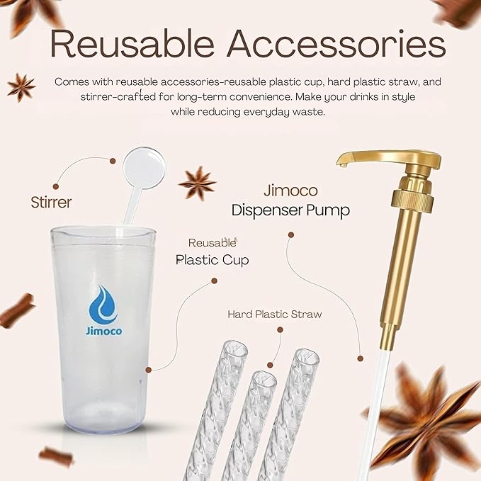 Jimoco Barista Set – Torani Brown Sugar Cinnamon Syrup 25.4 oz, Jimoco Pump, Reusable Cup, Straw & Stirrer – Coffee, Italian Soda & Cocktail Flavoring Kit
