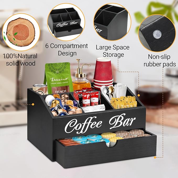 Coffee Bar Organizer Countertop, Wooden Bar Accessories With Drawer, Coffee Station Organizer Pods Holder Storage Basket, Farmhouse Tea Condiment Station