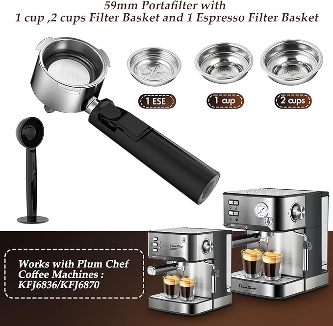 51mm Coffee Espresso Portafilter/Espresso Machine Holder, 3 ears, Double Spouts, with Single + Double Filter Baskets, Stainless Steel, Black Handle Filter Cup Holder