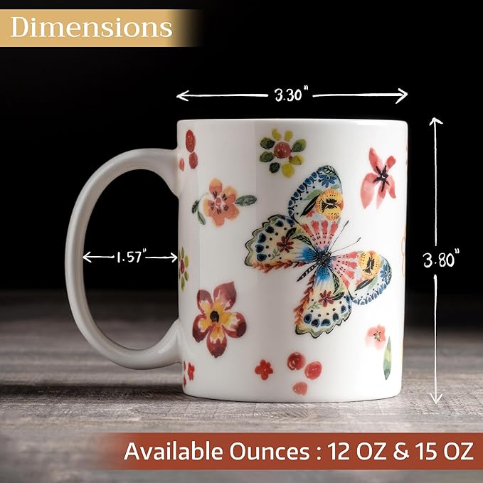 Maison d' Hermine Coffee Mug with Handles Fine Bone China Mugs Pack of One Tea Cups for Hot Beverages Cappuccino Latte Home Office Perfect for Gift (Happy Florals - High Summer Butterfliess, 15 Ounce)