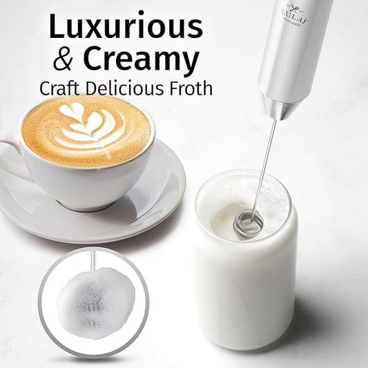 Zulay Kitchen Rechargeable Milk Frother Handheld Lux - Powerful 2-Speed Motor, Waterproof, 2000mAh Battery - Drink Mixer for Latte, Cappuccino, Matcha & Protein Powder - Snow White