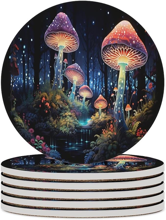 Round-6PCS Botanical Drink Coasters, Round Modern Ceramic Absorbent Coasters, Fantasy Colorful Cartoon Style Abstract Mushroom Print Decor Desk Coffee Table Coaster for Beverage Cup Tea Coasters