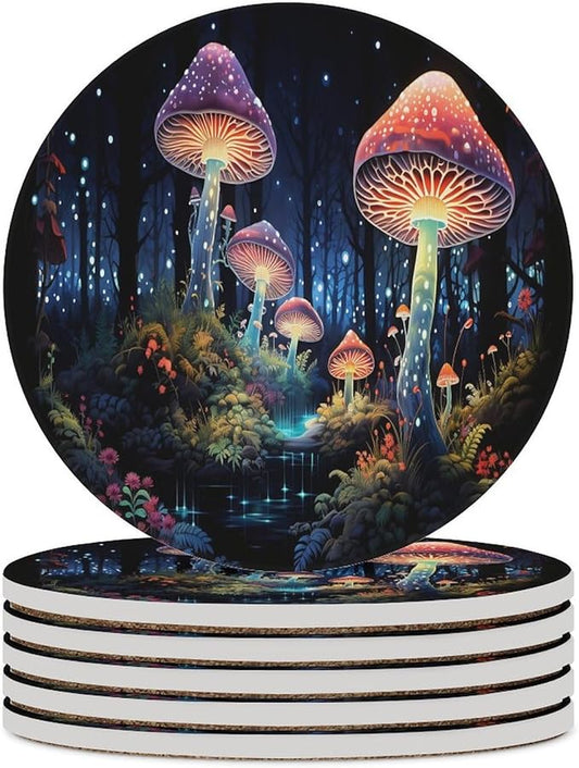 Round-6PCS Botanical Drink Coasters, Round Modern Ceramic Absorbent Coasters, Fantasy Colorful Cartoon Style Abstract Mushroom Print Decor Desk Coffee Table Coaster for Beverage Cup Tea Coasters