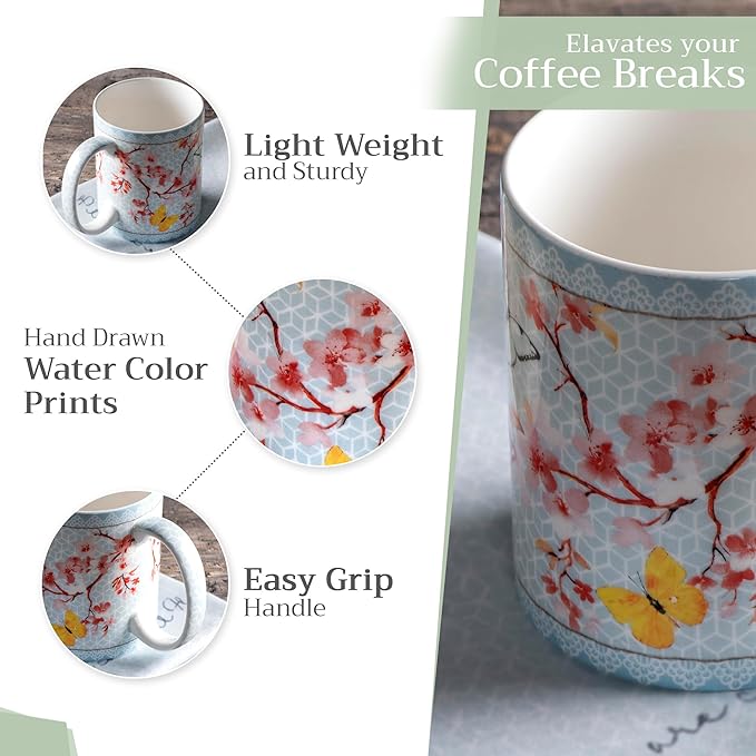 Maison d' Hermine Coffee Mug with Handles Fine Bone China Mugs Pack of One Tea Cups for Hot Beverages Cappuccino Latte Home Restaurant Office Perfect for Gift (Blossoms In Spring - Sakura, 15 Ounce)