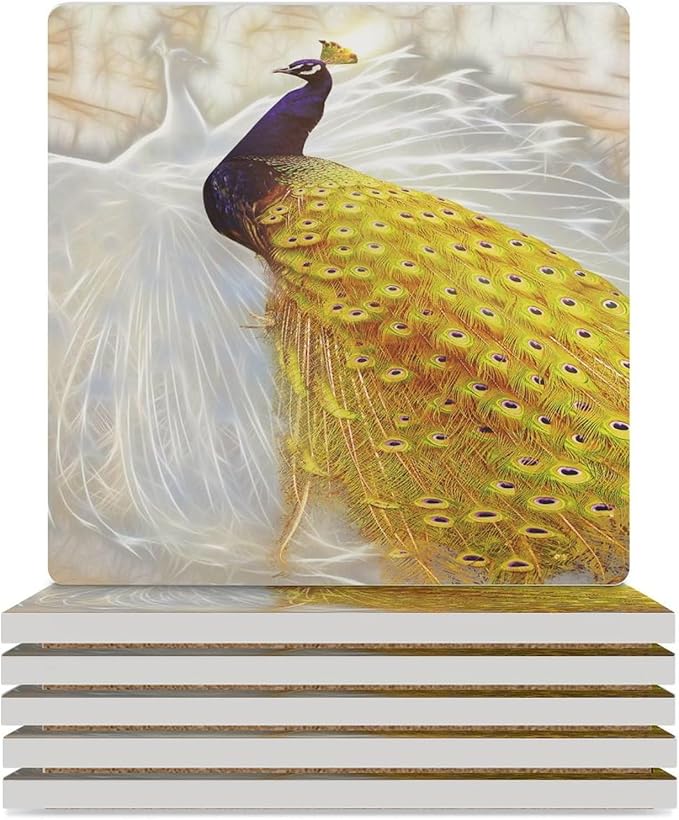 Square-6PCS Peacock Drink Coasters, Square Modern Ceramic Absorbent Coasters, Vintage Style Beautiful Gold White Peacock Decor Desk Coffee Table Coaster for Beverage Cup Tea Coasters
