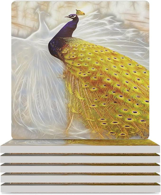 Square-6PCS Peacock Drink Coasters, Square Modern Ceramic Absorbent Coasters, Vintage Style Beautiful Gold White Peacock Decor Desk Coffee Table Coaster for Beverage Cup Tea Coasters