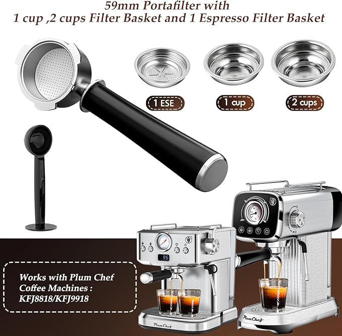 51mm Coffee Espresso Portafilter/Espresso Machine Holder, 3 ears, Double Spouts, with Single + Double Filter Baskets, Black Handle, Stainless Steel Filter Cup Holder