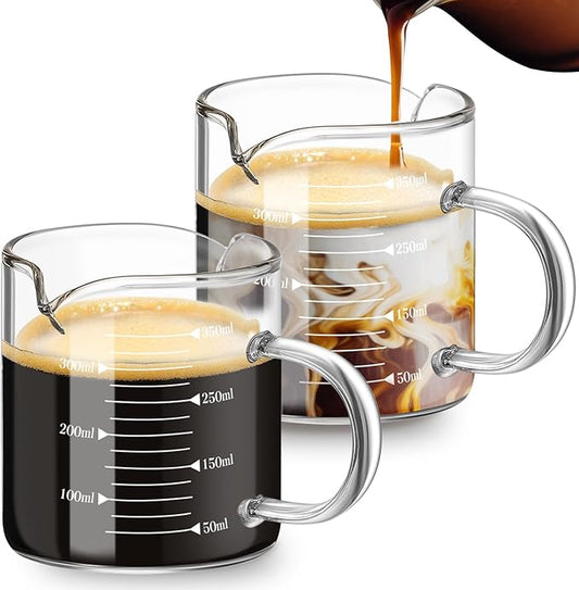 Patelai 2 Pcs 12oz/350ml Espresso Cups, Glass Measuring Cups with Double Spouts & Handle, Scale Espresso Shot Glass Milk Frothed Cup Coffee Accessories for Machines, Milk Frothed, and Bars