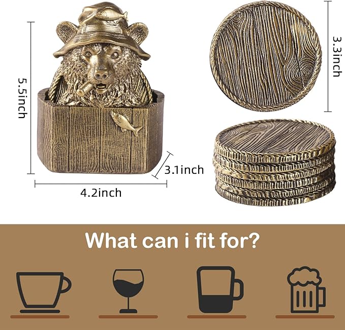 Cabin Coasters Set 6 Full Size Non-Slip Bar Coasters, Indoor Christmas Decorations, Man Cave Gifts for Men, Rustic Handmade Decor for The Home (Bear)