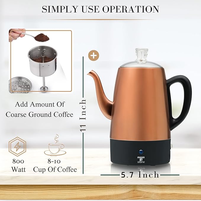 Moss & Stone 10 Cup Copper Percolator Coffee Pot Electric, Stainless Steel Coffee Percolator Electric With Keep Warm Function, Classic Perculator Pot With Removable Basket for Home or Office