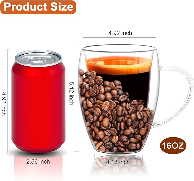 Glass Coffee Cup Mug - 16 Oz, Insulated Double Walled Coffee Cup with Beans, Large Clear Cute Iced Espresso Cappuccino Latte Tea Cup with Handle, Heat Resistant For Hot Drinks Beverage Liquor Shots