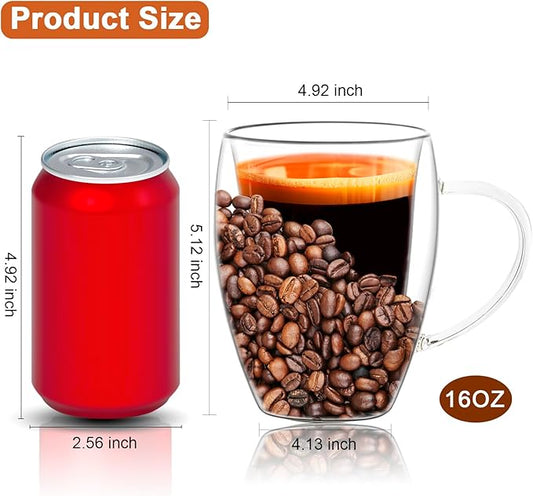 Glass Coffee Cup Mug - 16 Oz, Insulated Double Walled Coffee Cup with Beans, Large Clear Cute Iced Espresso Cappuccino Latte Tea Cup with Handle, Heat Resistant For Hot Drinks Beverage Liquor Shots