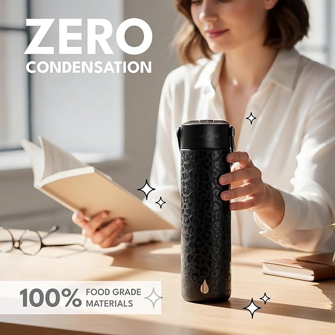 Elemental 24oz Insulated Water Bottle with Straw - 100% Leak-Proof Stainless Steel Core Water Bottles for Travel, Sports and Gym - Double Wall Insulation & BPA Free - Black Leopard