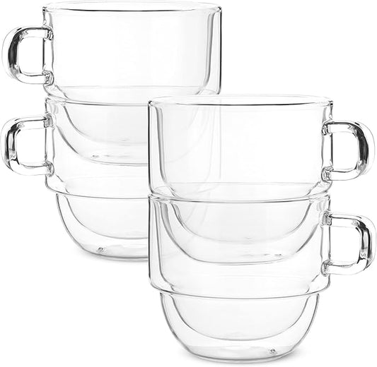 BTaT- Double Walled Stackable Glass Coffee Mugs, 16 oz, Set of 4, Glass Coffee Cups with Handle, Insulated Clear Coffee Mug for Hot and Cold Beverages, Cappuccino, Latte, Tea, Americano