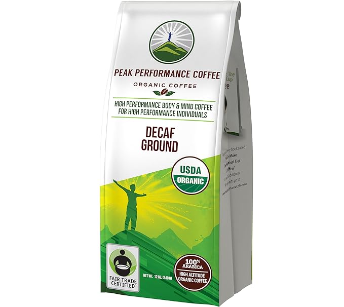 Peak Performance High Altitude Organic Decaf Coffee - Fair Trade, Low Acid, Non GMO, and Beans Full of Antioxidants - Medium Roast Smooth Tasting USDA Certified Organic Decaffeinated Ground 12 oz