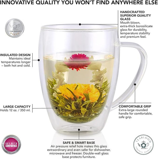 Teabloom Double Walled Mugs - 12 oz / 350 ml – Set of 4 Insulated Glass Mugs for Tea, Coffee, and More – Clear Bliss Collection