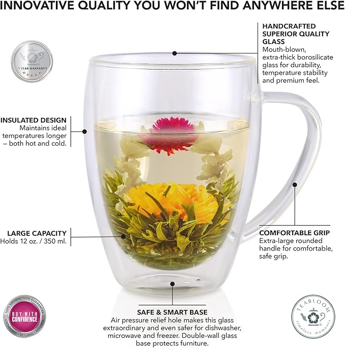 Teabloom Double Walled Glasses - Set of 2 Insulated Glass Mugs for Tea, Coffee, and More (12 Ounces) – Clear Bliss Collection