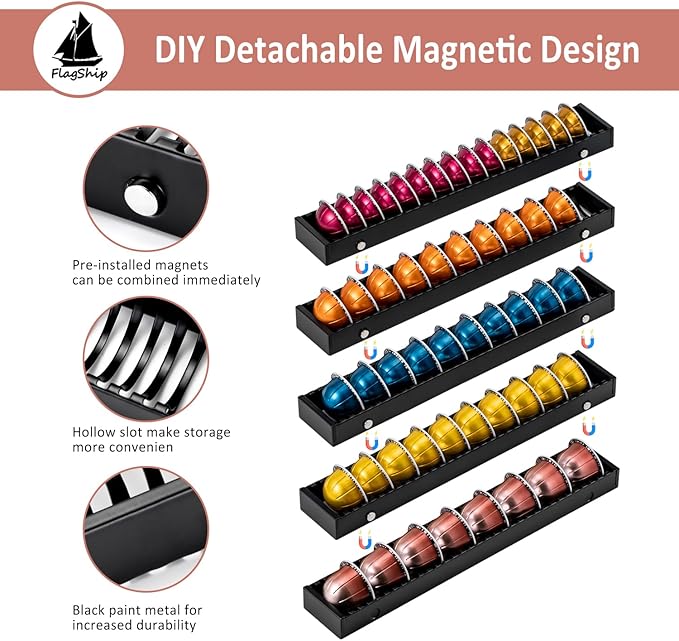 FlagShip Vertuo Pod Drawer Insert for Counter,Nespresso Pod Holder DIY Magnetic Connect Black Metal(5 Packs)