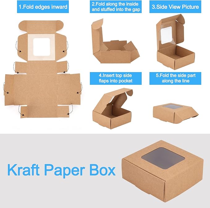 BENECREAT 28 Packs Kraft Paper Box with Clear Windows, 3.4x3.4x1.4Inches Paper Gift Box for Party Favor Treats Bakery, Festival Gift Packaging