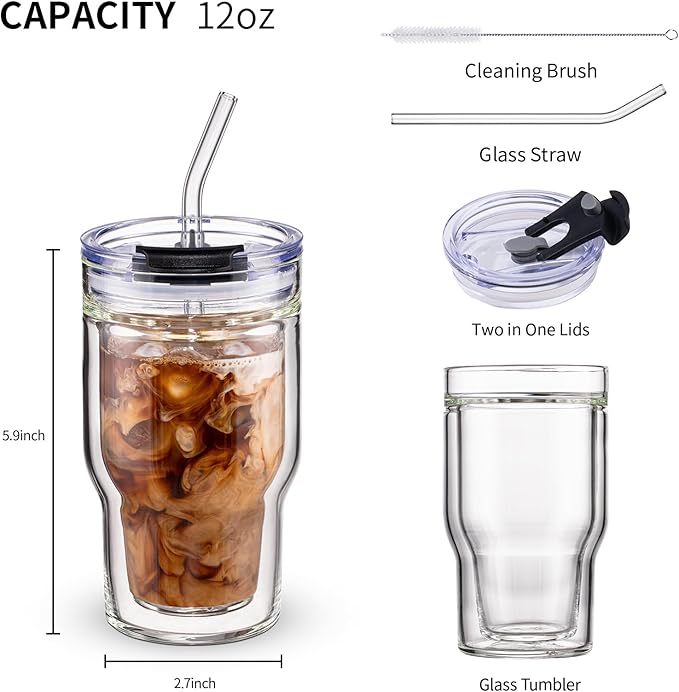 Double Walled Glass Espresso Cups, Insulated Coffee Mug with Straw and Lid - 12oz/350ml Reusable Tumbler for Hot/Cold Drinks, Smoothie, Latte, Matcha, Car & Travel