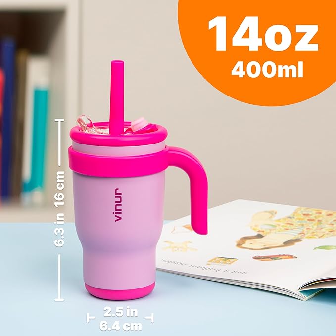 VINUR Kids Tumbler with Handle -14 oz Stainless Steel Vacuum Insulated Leak Proof Travel Tumbler with 2-in-1 Straw Lid-Gifts for Girls, Purple Pink