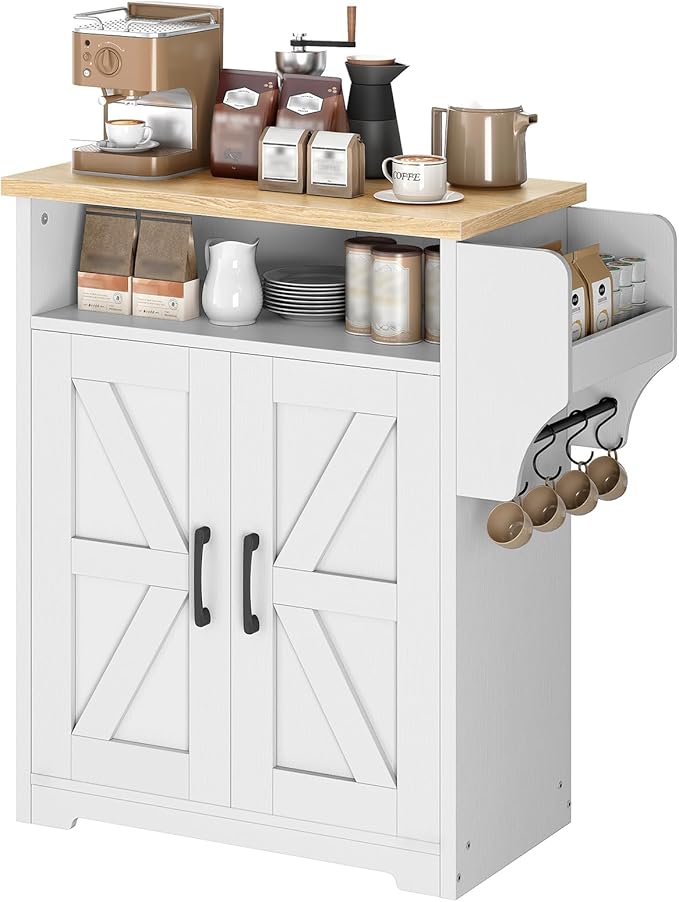 Coffee Bar Cabinet, Kitchen Island with Storage, Farmhouse Sideboard Buffet Cabinet with Dual-Purpose Floating Shelf and Hooks, for Kitchen Living Room, White and Natural KF22WN