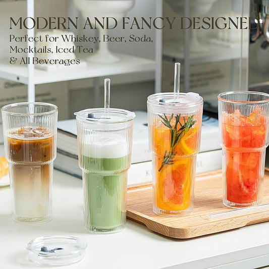 KEMORELA Iced Coffee Cups with Lids 20oz Ribbed Double Wall Glass Cups with Lids and Straws 2PCS, Coffee Bar Accessories， Insulated Borosilicate Glass Tumblers, To Go Coffee Cups, Spill proof tumbler
