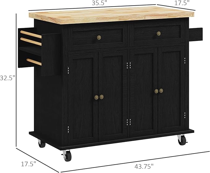 HOMCOM Kitchen Island Cart with Rubber Wood Top, Rolling Kitchen Island Table on Wheels with Drawers, Adjustable Shelves, Spice Rack and Towel Rack for Dining Room, Distressed Black