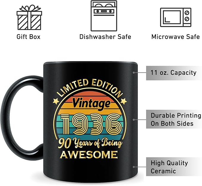 QUPT 90th Birthday Gifts for Women Men, 90th Birthday Gifts for Him, 1936 Birthday Gifts for Women Men, 90 Years Old Gifts, 1936 Birthday Gifts for Her Him, 90th Birthday Presents Coffee Mug