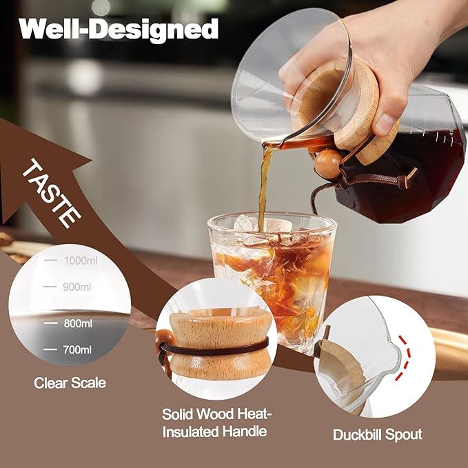Pour Over Coffee Maker 1000ml 33.8oz Glass Drip Coffee Maker with 304 Stainless Steel Filter High Borosilicate Glass Duckbill Spout Solid Wood Handle Pour Over Coffee Dripper for Daily Brewing