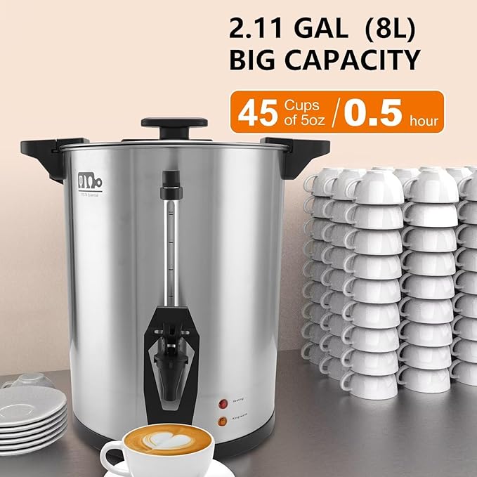 45 Cup 8L/2.11Gallon Commercial Coffee Urn, Festa Essential 950W Large Percolate Coffee Maker, Hot Beverage dispenser With Double Dripless Faucet,Quick-Brewing Hot Water Urn for Catering,Home,Events