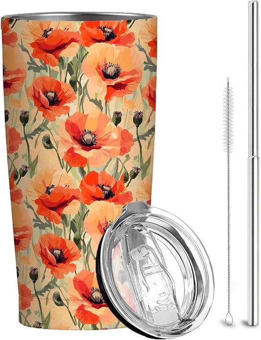 20 oz Tumbler, Floral Stainless Steel Travel Mug, Double Wall Vacuum Insulated Coffee Cup for Hot & Cold Drinks, Chirstmas or Birthday Gift for Men and Women, Printed Poppy Flower