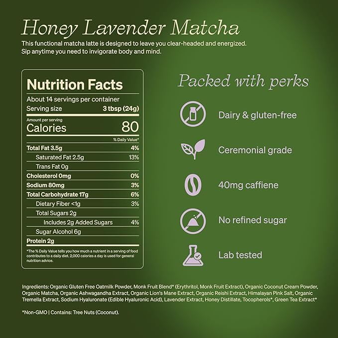 Clevr Organic Honey Lavender Matcha SuperLatte, Instant Ceremonial Grade, Superfood Powder Blend, Oat Milk, Lion Mane, Reishi Mushroom, Coconut Cream, Ashwagandha, Serve Hot or Iced (14 Lattes)