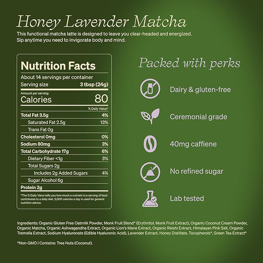 Clevr Organic Honey Lavender Matcha SuperLatte, Instant Ceremonial Grade, Superfood Powder Blend, Oat Milk, Lion Mane, Reishi Mushroom, Coconut Cream, Ashwagandha, Serve Hot or Iced (14 Lattes)