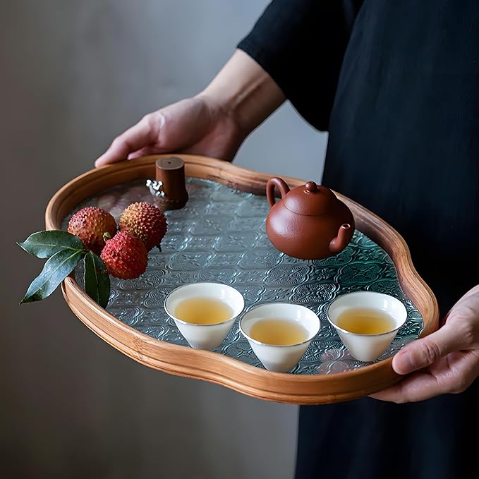 IwaiLoft Glass Serving Tray with The Crabapple Pattern Glass and Walnut for Kitchen Countertop Home Decor for Coffee Table, Also Suitable for Tea Coffee Decorative Trays (Green,14.5" x 10" x 1")