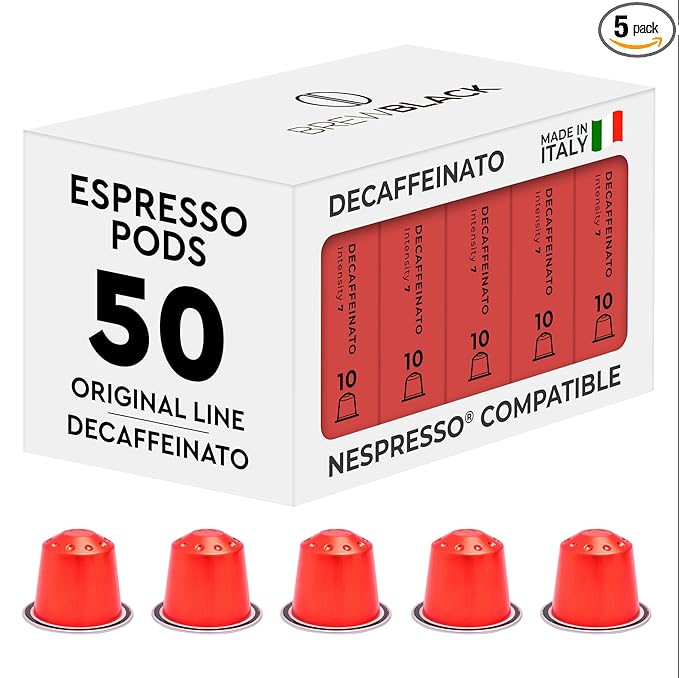 BrewBlack Decaffeinato Coffee Capsules - 50 Aluminum Coffee Pods Compatible with Nespresso Original line, Medium Roast - Intensity 7/12, Made in Italy