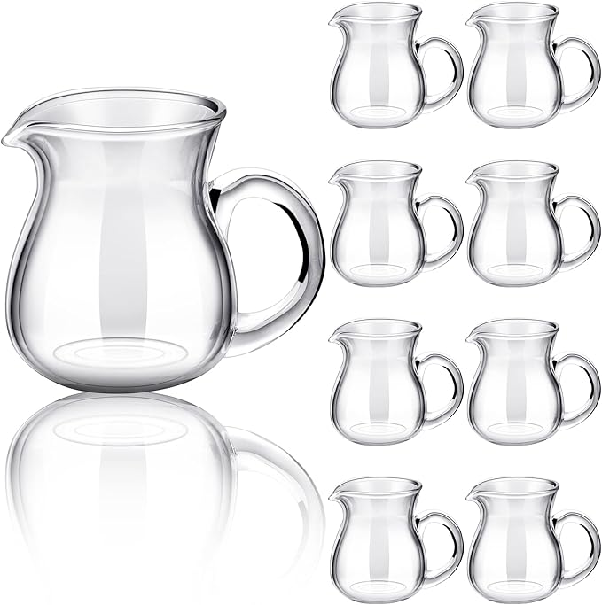 Suclain 8 Pcs 4 oz Glass Creamer Pitcher Transparent Milk Pourer Mini Milk Pitcher Small Glass Pitchers Mini Carafe Coffee Mug Coffee Pot Creamer Pitchers for Tea Syrup (Handle Style)