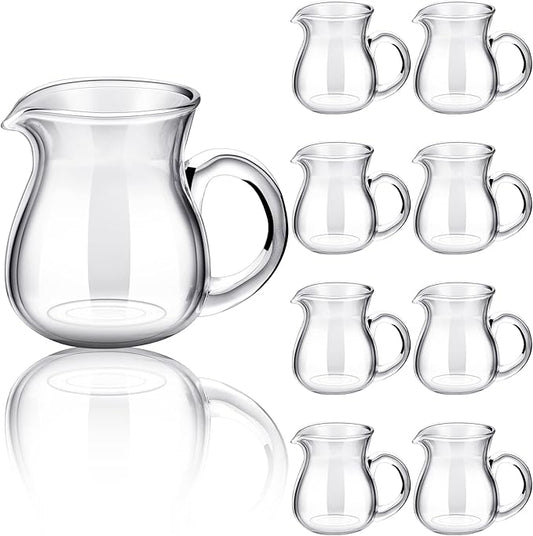 Suclain 8 Pcs 4 oz Glass Creamer Pitcher Transparent Milk Pourer Mini Milk Pitcher Small Glass Pitchers Mini Carafe Coffee Mug Coffee Pot Creamer Pitchers for Tea Syrup (Handle Style)