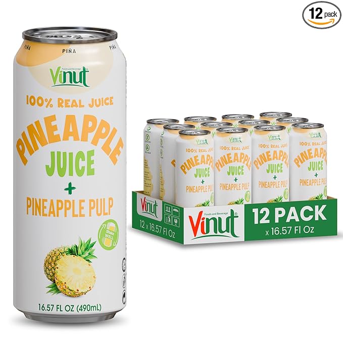 Vinut Natural Pineapple Juice Drink with Pulp, (16.57 fl oz, Pack of 12) Real Pineapple Juice, No Sugar Added, Gluten Free, GMO-Free