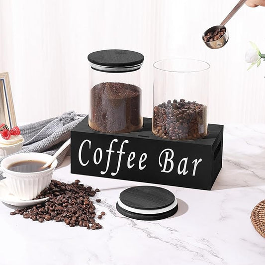 ZOMUIA Rustic Modern Black 2PCS Small 44oz Coffee Storage Jars with Shelf, 2Pcs 1.295L Airtight Glass Coffee Containers, Coffee Canisters, Food Storage Jars