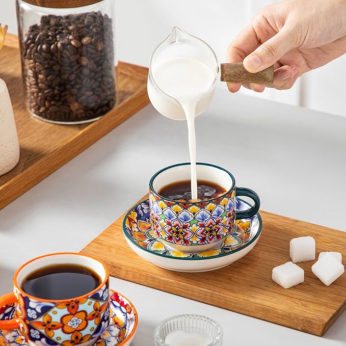 vancasso 4 Oz Stackable Espresso Cups with Saucers and Metal Stand Set of 4,Bohemian Ceramic Cappuccino Cups - Microwave and Dishwasher Safe, Perfect For Tea, Espresso, Latte, Cafe-02