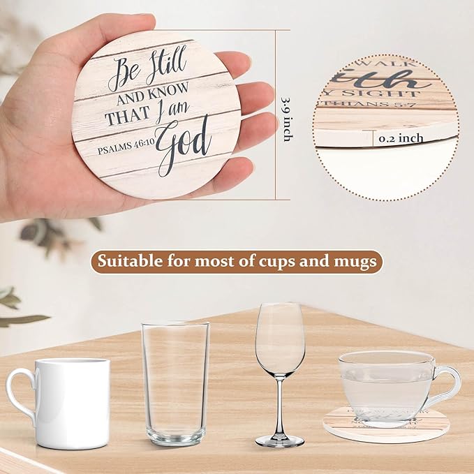 Billbotk Ceramic Coasters with Bible Verses, Christian Coasters Set of 8 with Holder, Absorbent Drink Coasters for Christian Gifts and Home Decor, 4 Inches